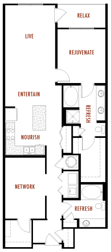 Floor plan for 1 bed, 2 baths, 1280 sqft